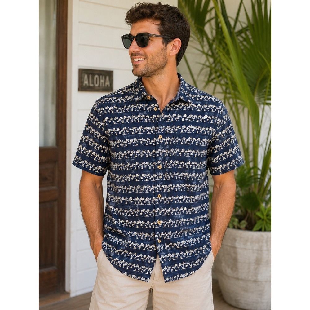 International Report Palm Tree Print Short Sleeve Button Up Shirt Men Large Blue